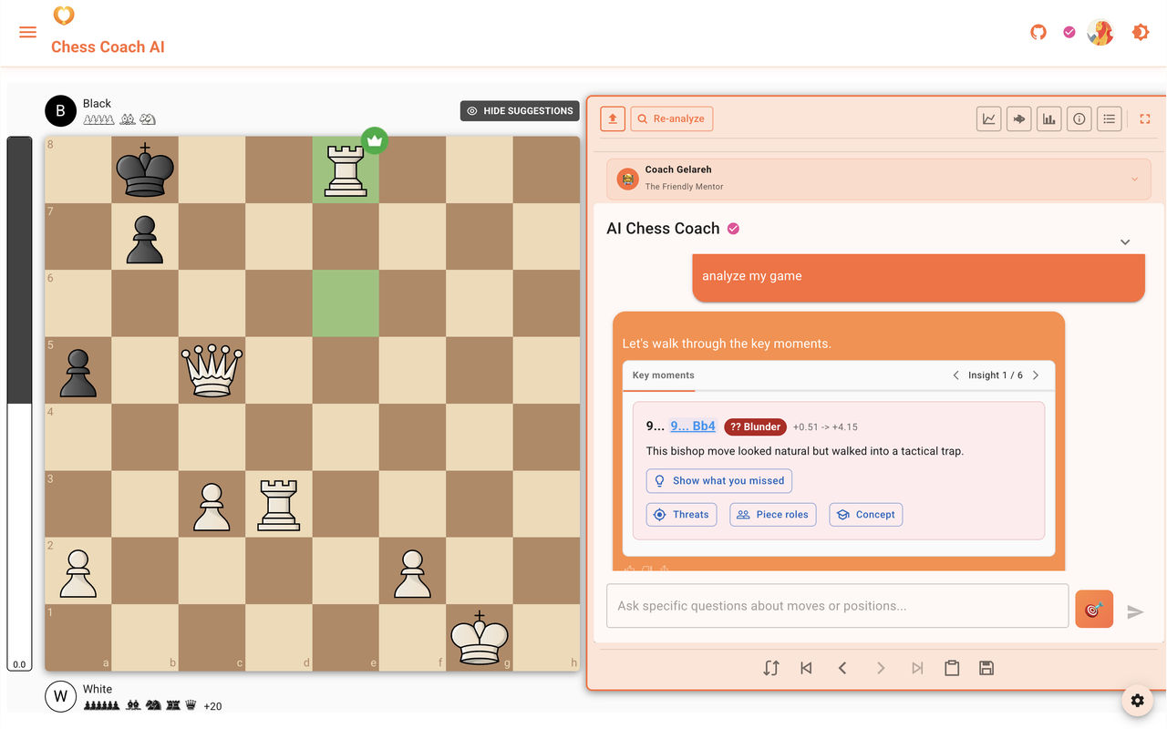 Move-by-move insight card identifying a blunder on move 9
